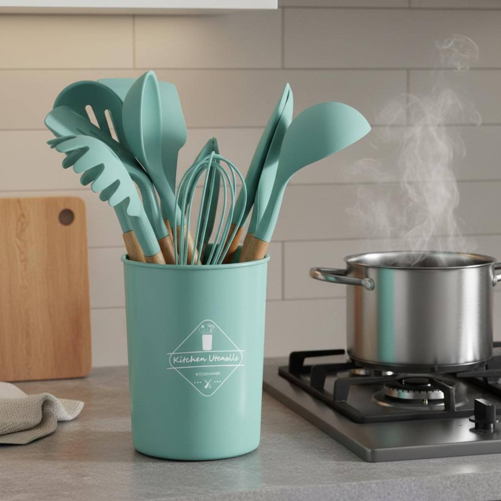 Silicone Kitchen Utensil Set Kit Utensili Cucina Spatola Frusta Cucchiaio con Contenitore Coordinato in Silicone Resistente al Calore E Manici, Dark Gray