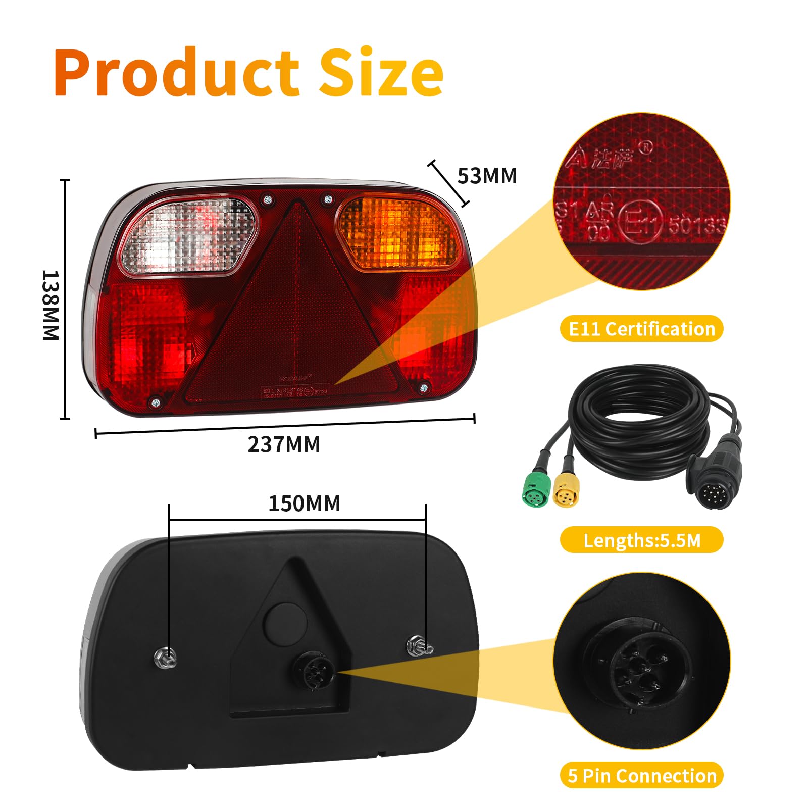 AOHEWEI Kit de Luces Traseras de Remolque Lámpara De Freno para Camión Iluminación Indicadora Kit de Cableado y Enchufe de 13 Pines con Cable de 5 Hilos 5,5m para Remolque Caravana o Camión