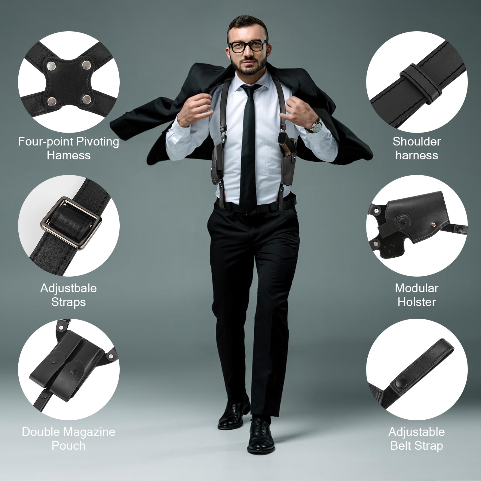 Shoulder Holster General Vertical Gun Holster Adjustable PU Leather for Concealed Carry with Double Magazine Pouch - Fit 1911, Glock 17/19/23 and Most Kinds of Pistols- for Right Hand use