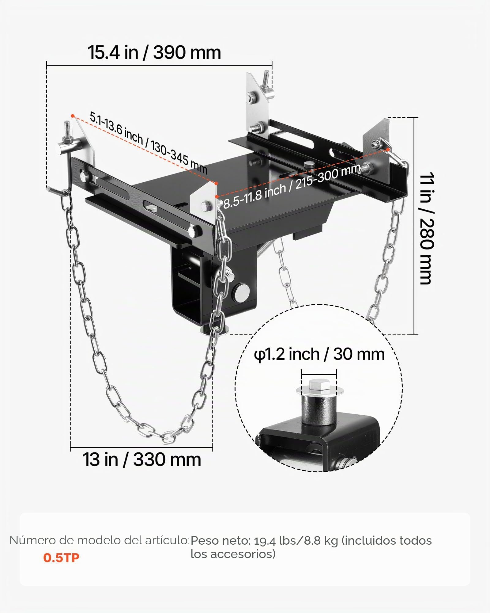 VEVOR Bandeja Adaptadora para Gato de Transmisión, Capacidad de 0,5 T, Acero Resistente, para Gato de Coche, con Eje de Sillín Extraíble de 30 mm, Color Negro, Carga 500 kg, 390 x 330 x 280 mm