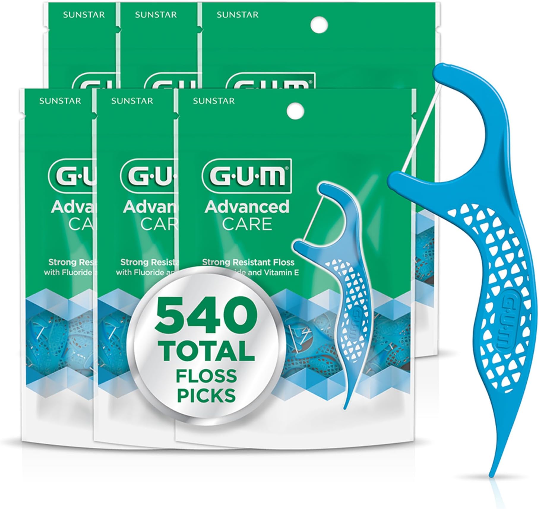 Advanced Care Dental Floss Picks, Extra-Strong Shred-Resistant Floss with Vitamin E, Fluoride & Easy-Grip Handle, Fresh Mint Flavor, 90 Count (Pack of 6), 540 Total