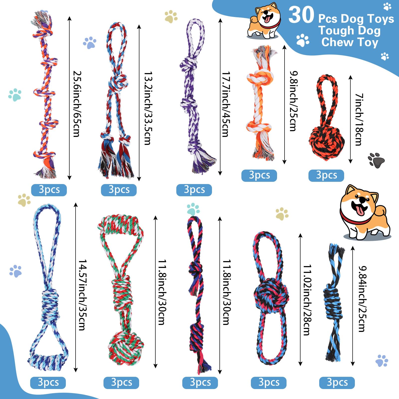 Hiboom 30 juguetes de cuerda para perros para masticadores agresivos, juguetes masticables resistentes para perros medianos y grandes, juguetes de algodón para perros de guerra, para limpieza de