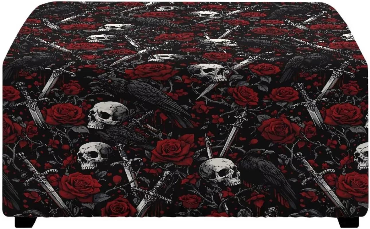 Raven Crow Skull Cross Rose Flower Print Ottoman Slipcover, Folding Foot Stool Sofa Slipcovers Waterproof Covers for Square Footrest Stool with Elastic Bottom, Small