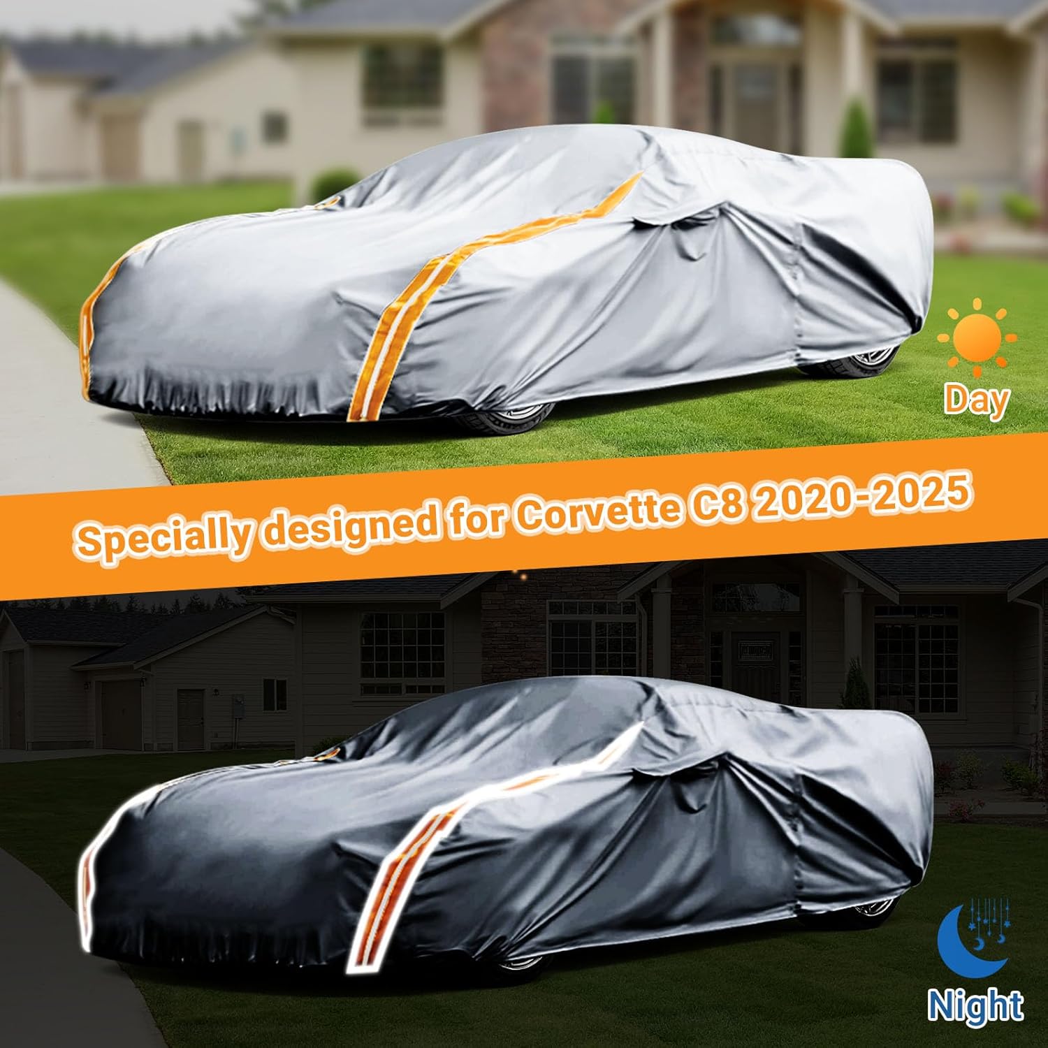 Car Cover Custom Fit for Corvette C8 Stingray 2020-2025, Waterproof All Weather Car Cover with Zipper Door & Windproof Straps, Heavy Duty Full Cover for Sun Snow Rain UV Protection, Easy to Clean