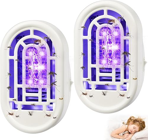 Paquete de 2 exterminadores de insectos para interiores, con enchufe, matamosquitos, eléctrico, portátil, para el hogar, con luces moradas, lámpara