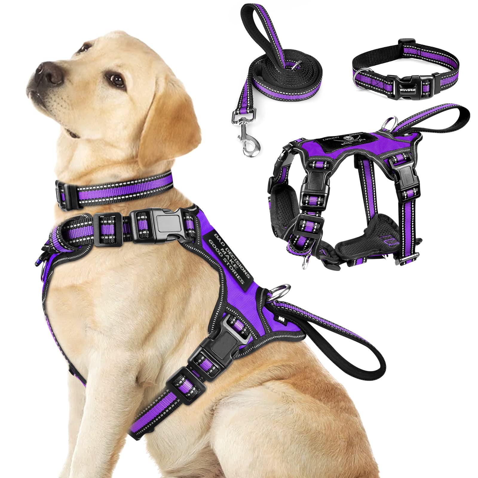 WINSEE Pet Harness Collar and Leash Set, All-in-one Reflective Dog Harness No Pull with Adjustable Buckles for Puppies, Small, Medium, Large, and Extra-Large Dogs (Large, Purple)