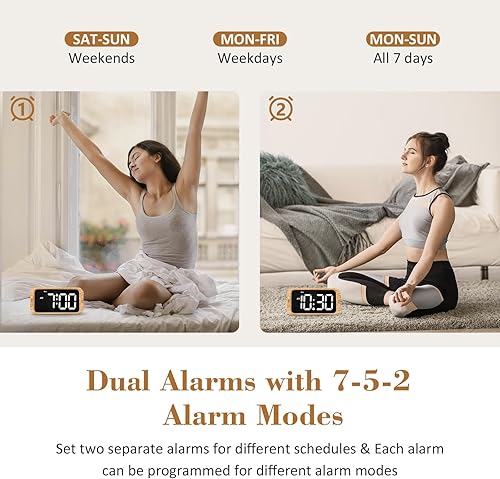 Miniatura 3 de Reloj despertador digital dual para dormitorio, 0-100% atenuador, modo día de semanafin de semana, fácil de configurar, cargador USB, volumen de