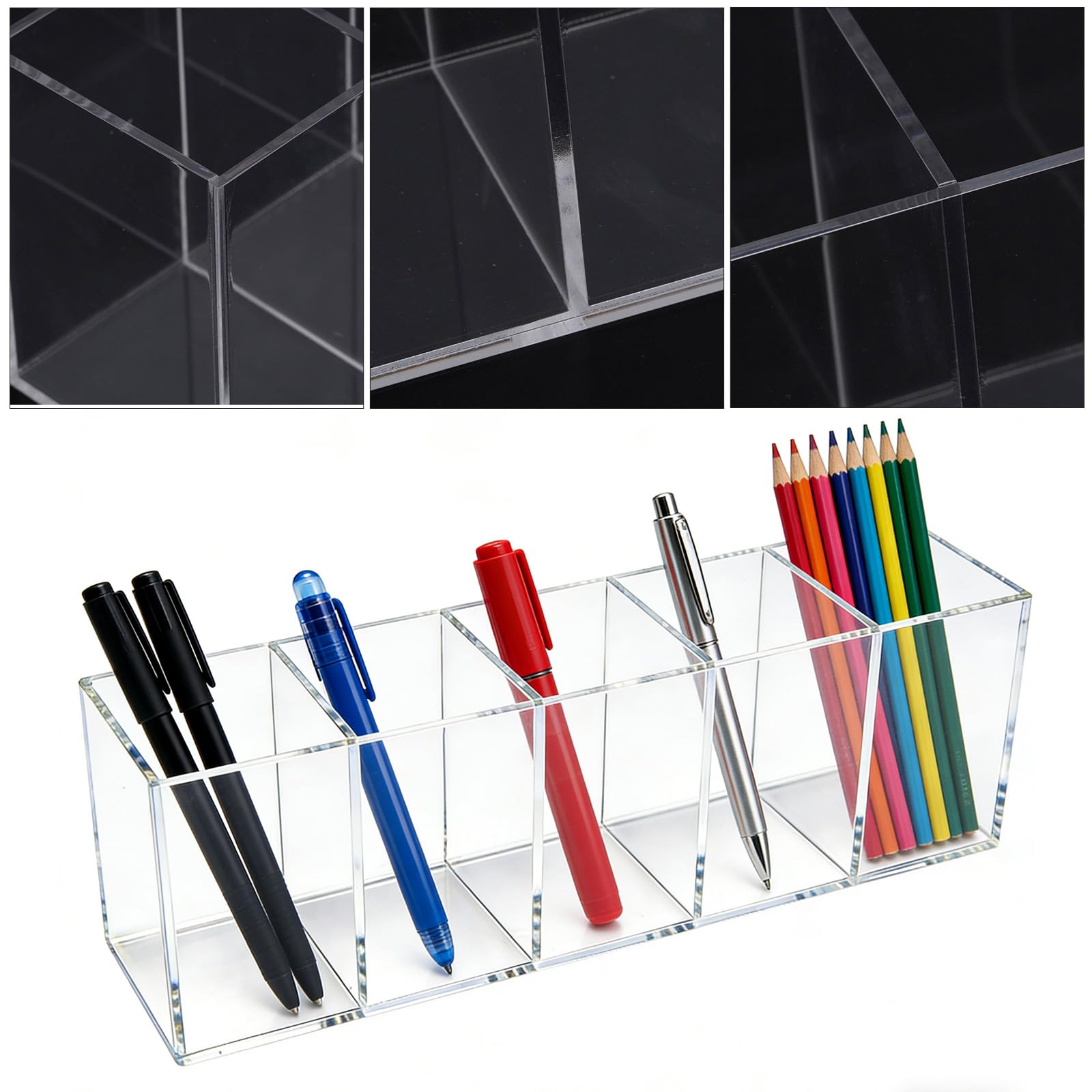 MospdyGear Acrylic Pen Pencil Holder, 5-Compartment Clear Desk Organizer, Versatile Storage for Office Supplies and Makeup Brushes - Image 3