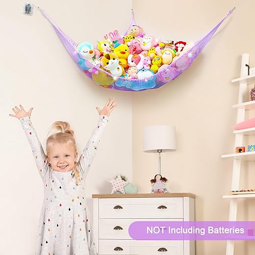 Miniatura 4 de Unicorn Castle Hamaca de red para animales de peluche, almacenamiento de juguetes con luz LED, organizador de juguetes de felpa para colgar en la