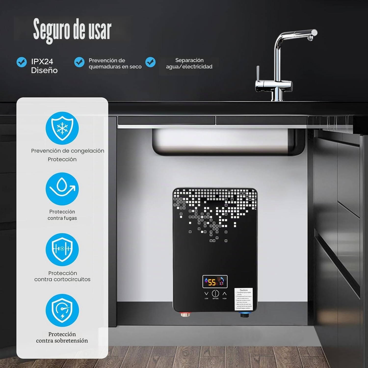 Calentador de agua eléctrico mini 6500 W 220 V, con pantalla LED y protección IPX24, agua caliente instantánea para ducha, cocina, lavabo, compacto, montaje en pared, incluye cabezal de ducha