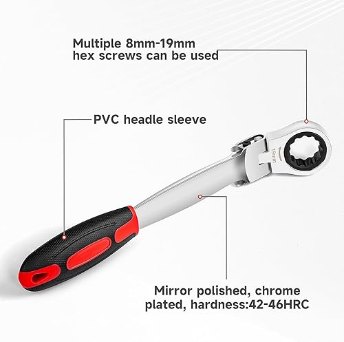 Miniatura 3 de Juego de llaves de trinquete desmontables 12 en 1, cabezal giratorio de 180 grados, herramienta de llave de trinquete métrica flexible con cabezales