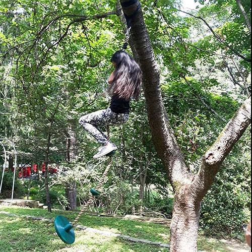 Miniatura 4 de Juego de cuerda de escalada Ninja con plataformas y asiento de columpio de disco para niños al aire libre, columpio de árbol, incluye correa para