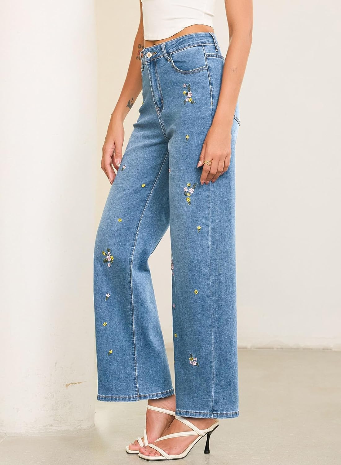 Sidefeel Women's Straight Leg Embroidered Jeans High Waisted Stretchy Wide Leg Denim Pants - Image 3