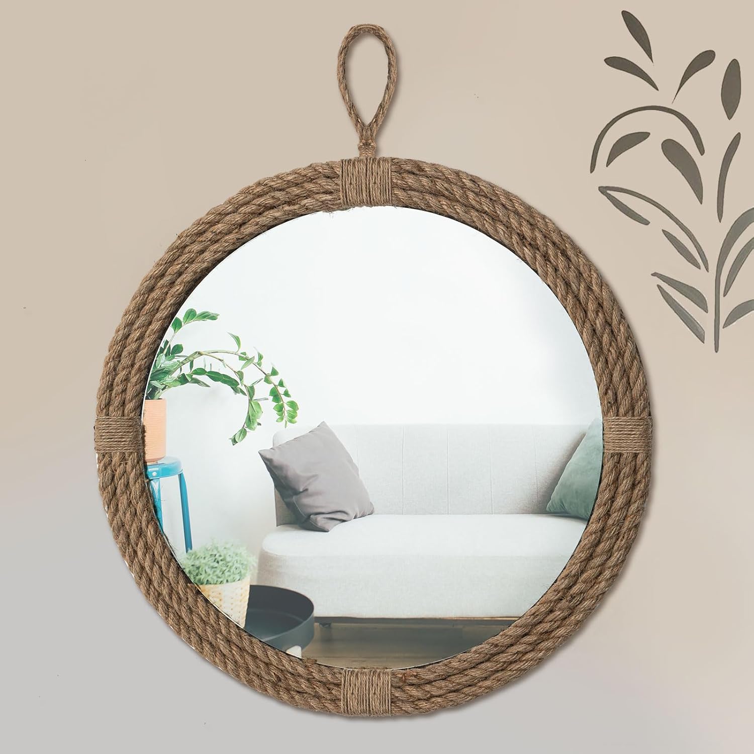 Nautical Mirror 16" Wall Decor with Rope Wrapped Trim and Hanging Loop Round Circle Mirror Nautical Boho Rustic Decorative for The Living Room, Bedroom Bathroom and Entryway Brown 16 Inches Vintage