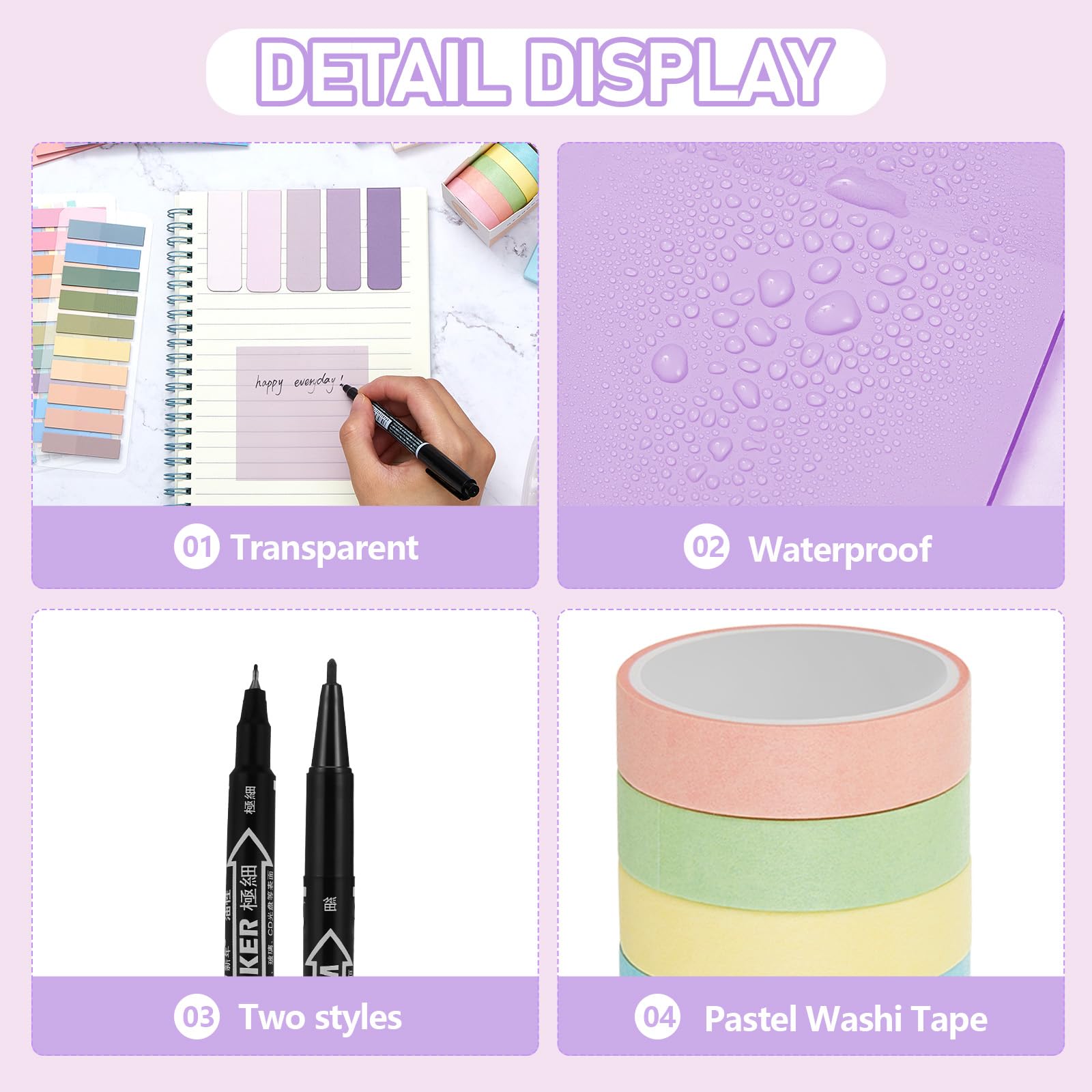 Sinload Kit de anotación de libro estético de 60 piezas, estuche con marcador de gel, lápiz mecánico, marcadores magnéticos, pestañas adhesivas transparentes, mini suministros de oficina (morado)