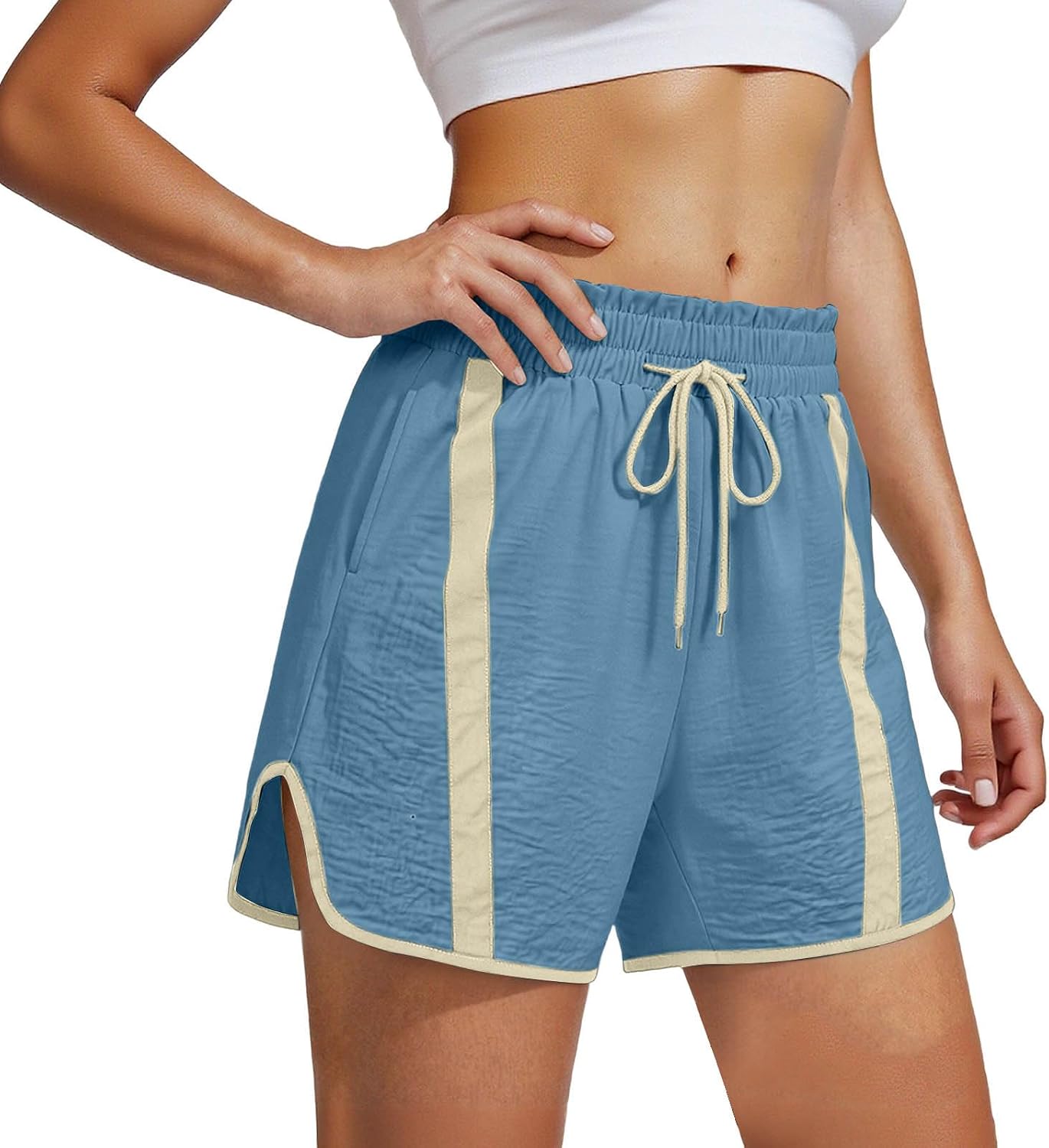 Women's Athletic Running Shorts Quick Dry Workout Summer Drawstring High Waist Loose Gym Casual Color Block Shorts