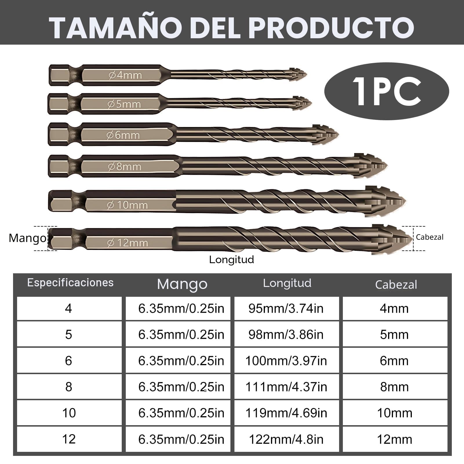 6PCS Brocas Porcelanico, Juego de Brocas Profesional 4/5/ 6/8/ 10/12 mm Broca para Azulejos Aleación de Acero de Tungsteno para Vidrio, Hormigón, Cerámica, Metal, Madera
