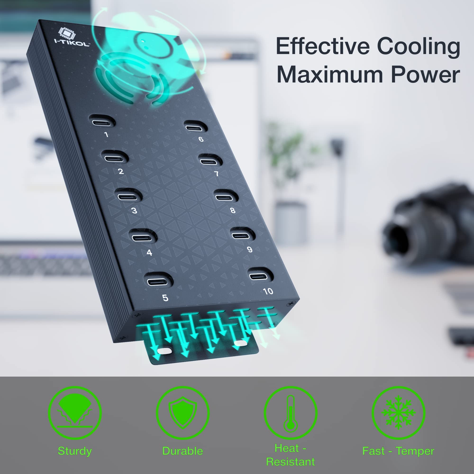 Koncentrator USB 2.0 typu C Multi Safety 10 portów zasilany, z adapterem AC, aluminiowy rozdzielacz USB z wentylatorem chłodzącym - typ C do laptopów i PC, dysków flash, HDD, dysków twardych, myszy, XPS, Xbox, klawiatury