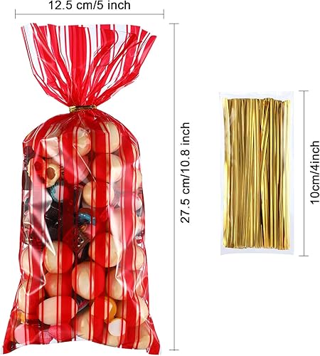Miniatura 2 de Blulu 100 bolsas de plástico para Halloween, carnaval, circo, fiesta, golosinas, con estampado de rayas rojas y blancas, celofán transparente, para