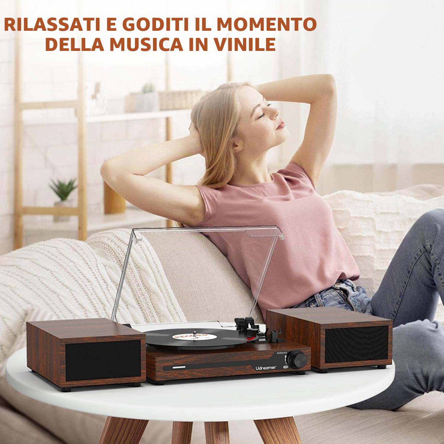 Udreamer Giradischi con 2 altoparlanti stereo doppio, giradischi vintage Bluetooth 5.3 supporta 3 velocità, AUX-In, RCA Line, USB, riproduzione wireless, noce