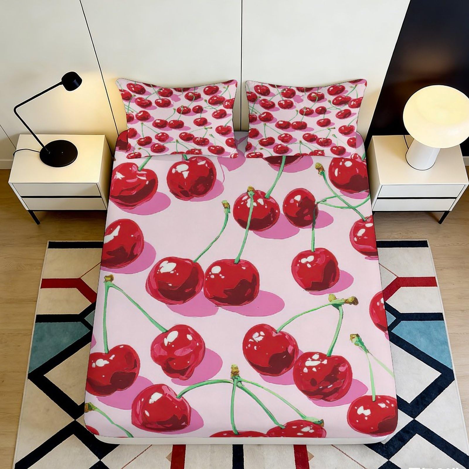 3D Printed Cherry Fruit Fitted Sheet Microfiber Soft Pink Red Bedroom Decor Mattress Cover Dorm Protector 90x200x25cm