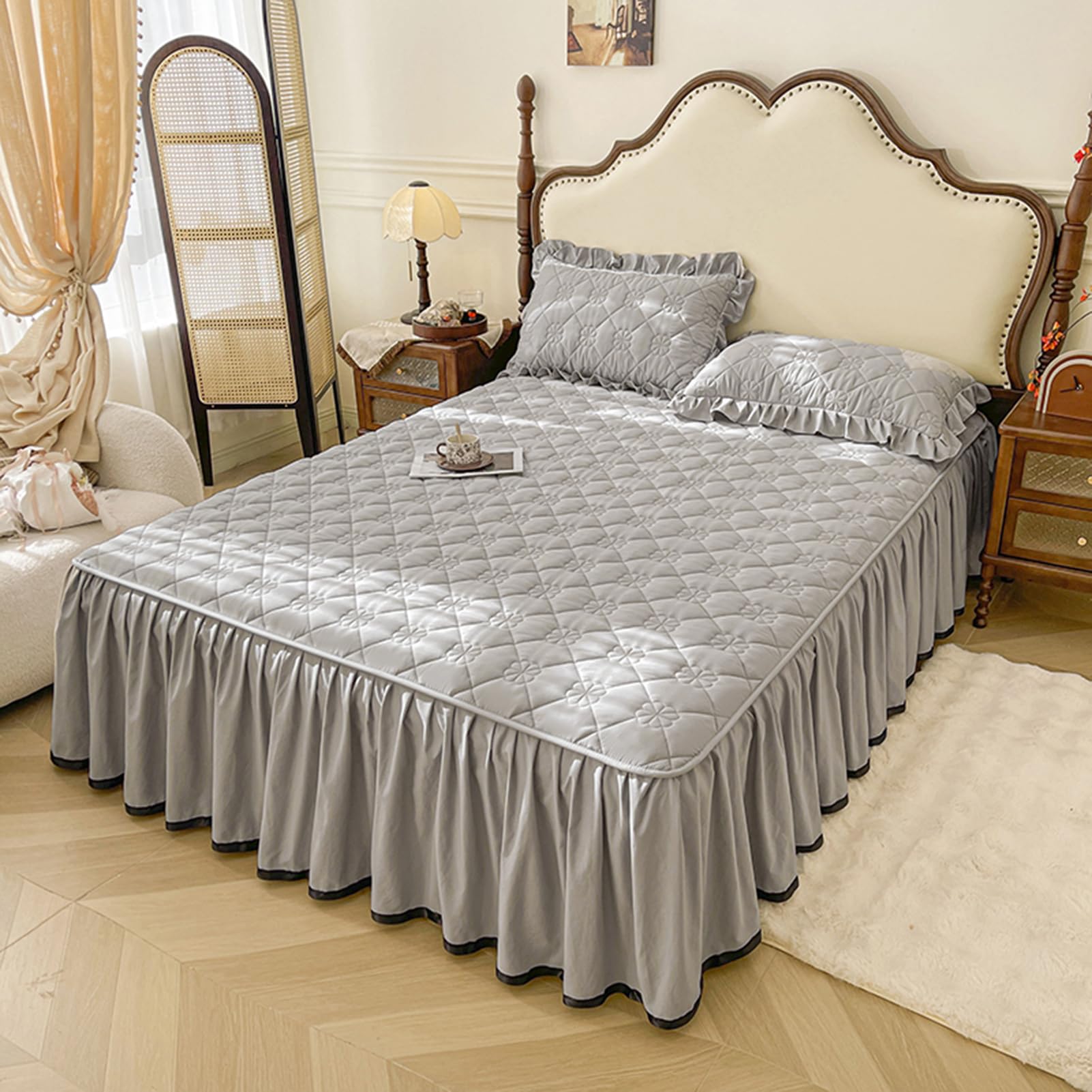 Mantovana giroletto con volant, in cotone trapuntato, per letti singoli, matrimoniali, king e super king, con mantovana con angoli, 150 x 200 cm, grigio chiaro