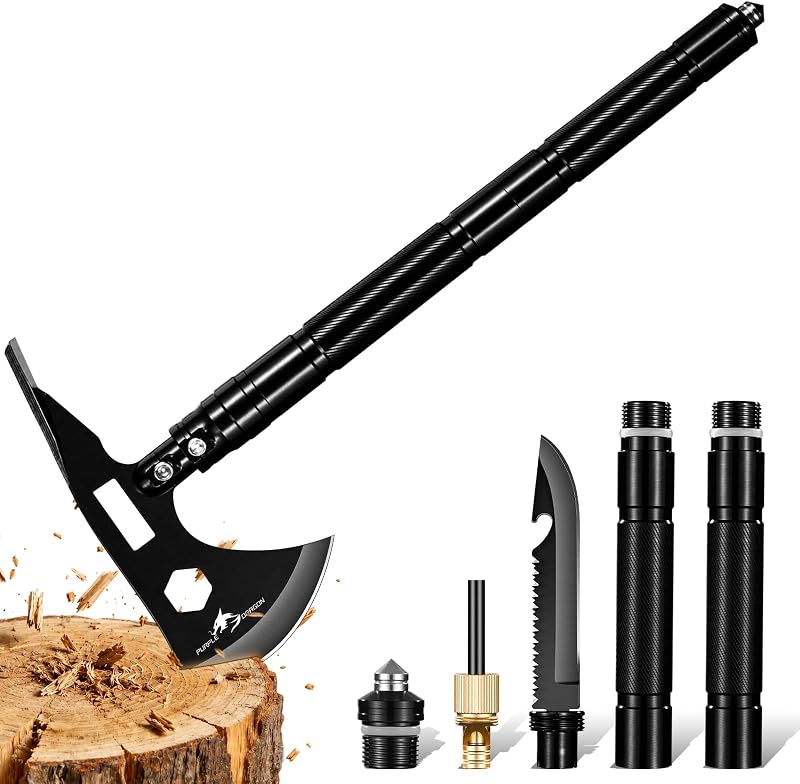 Hacha de supervivencia táctica multiherramienta Purple Dragon con azada | Tomahawk 9 en 1, juego de hachas de camping para mochileros Bushcraft y uso al aire libre, regalos de cumpleaños para el día del padre para hombres