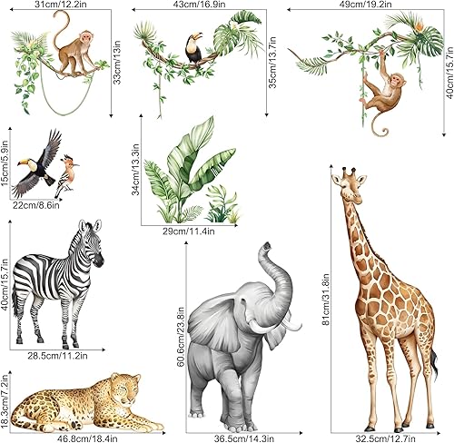 Miniatura 4 de Calcomanías de pared de animales de safari de selva para habitación de los niños, calcomanías de pared de vida silvestre, jirafa, elefante,
