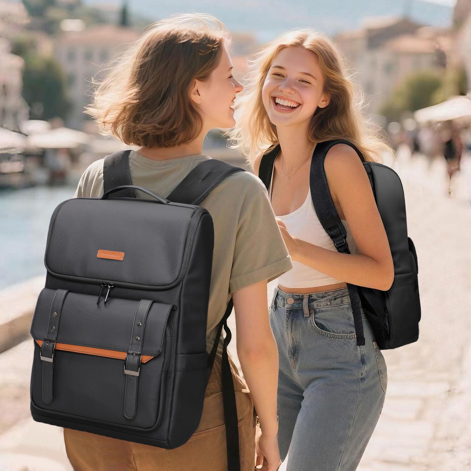 hk Mochila Vintage para Hombre Mujer, Mochila Portátil 15.6 Pulgadas | con Solapa Magnética, Mochila con tapa, Ligera Impermeable, Mochila Trabajo Viaje Universidad Mochila Antirrobo Casual,Negro