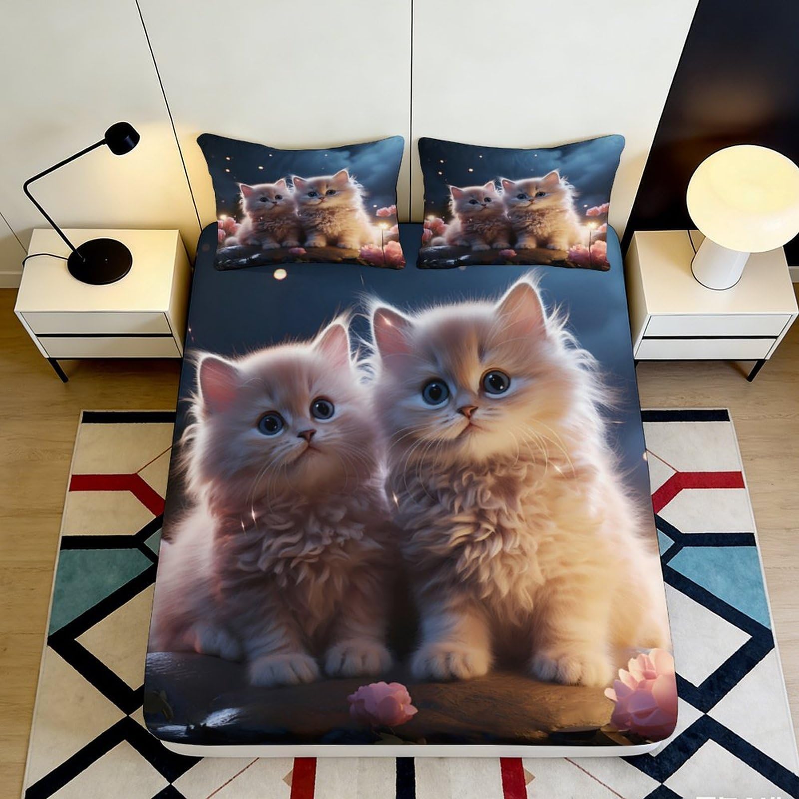 3D Printed Cute Fluffy Kittens Fitted Sheet Microfiber Soft Anti-Slip Blossom Cat Mattress Cover for Bedroom Dorm Decor 120x200x25cm