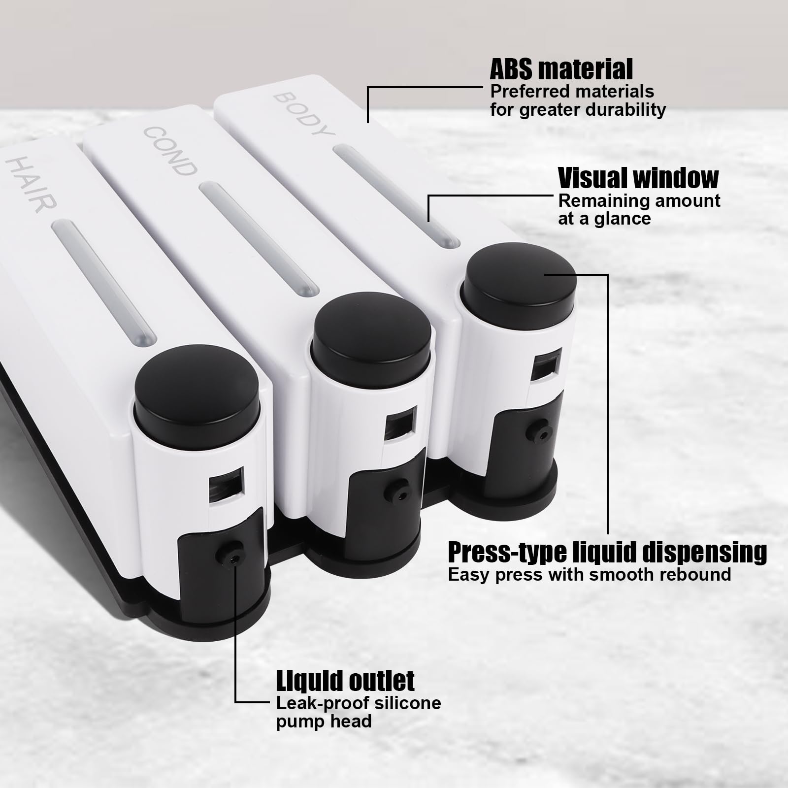 Dispenser doccia senza foratura a parete tre teste nero shampoo balsamo dispenser per lavaggio corpo per casa hotel ristorante