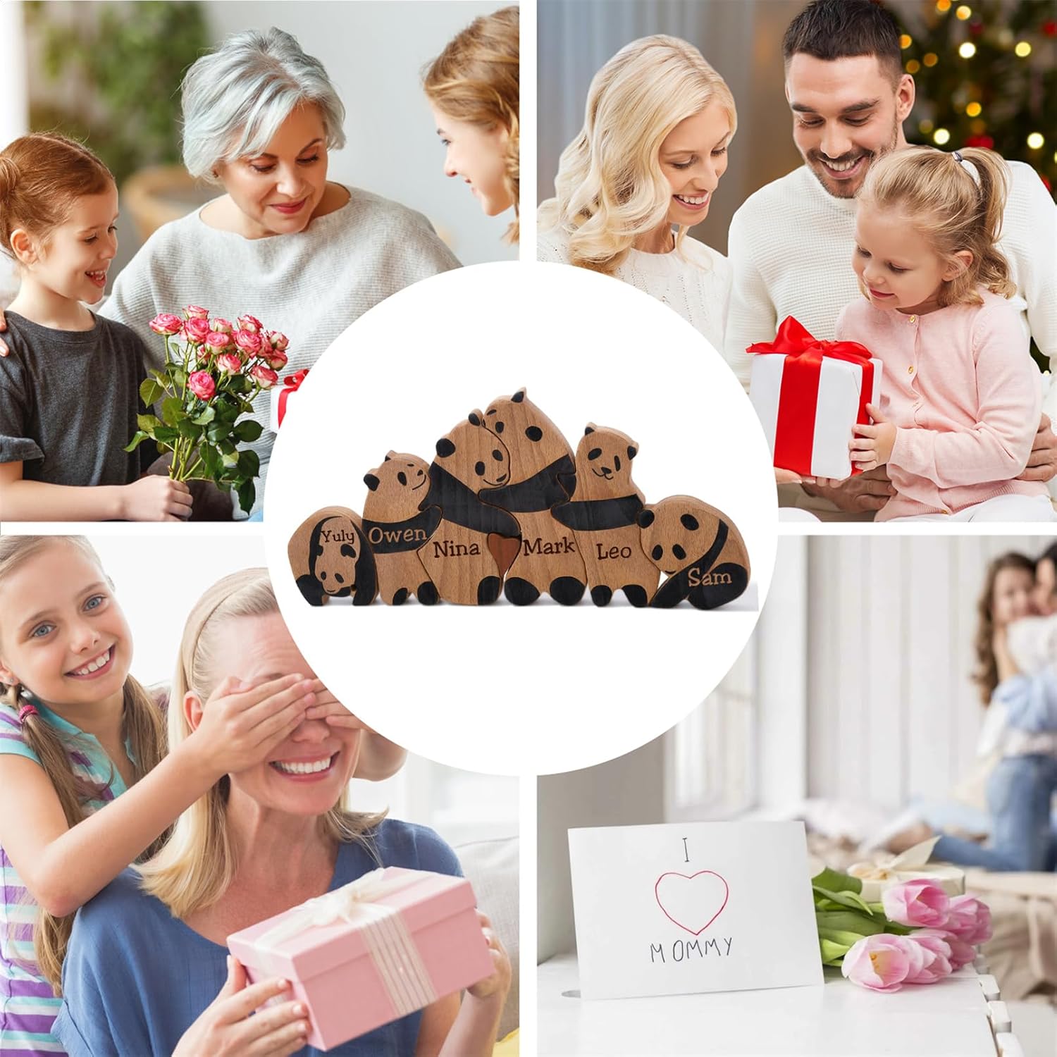 Personalized Family Name Puzzle with 2-5 Names Custom Wooden Panda Puzzle with Names Customized Wooden Puzzle Gifts for Birthday Christmas for Mom Dad Friend (Panda)
