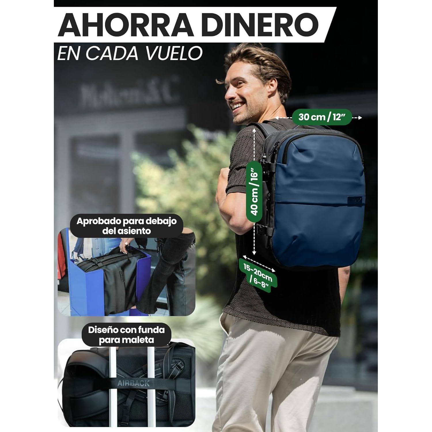 Airback GO Mochila Viaje Vacio - 16-32L, Mochila de Compresión al Vacío, Mochila Cabina, Bolsas de Viaje Ligeras y Ampliables, Cómodas y Resistentes al Agua, Azul