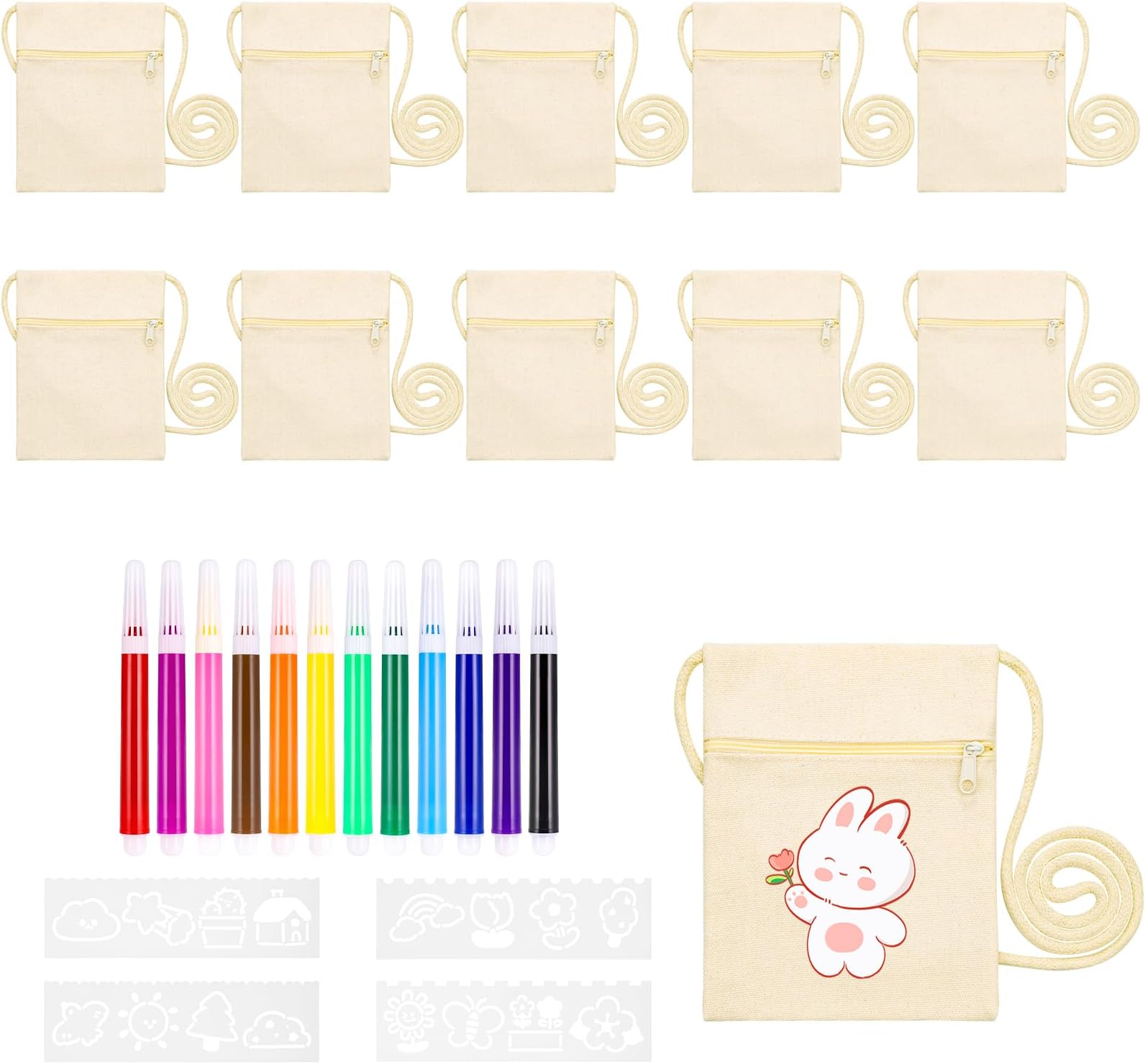 Queta Stofftaschen zum Bemalen für Kinder, 12 Stück Kinder Stoffbeutel Set und 2 Queta Stofftaschen zum Bemalen für Kinder, 12 Stück Kinder Stoffbeutel Set und 2