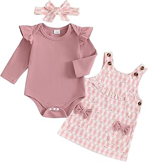 Carolilly - Conjunto de ropa para bebé (3 unidades, manga larga, con volante, falda con tirantes y diadema, para niños, ot...