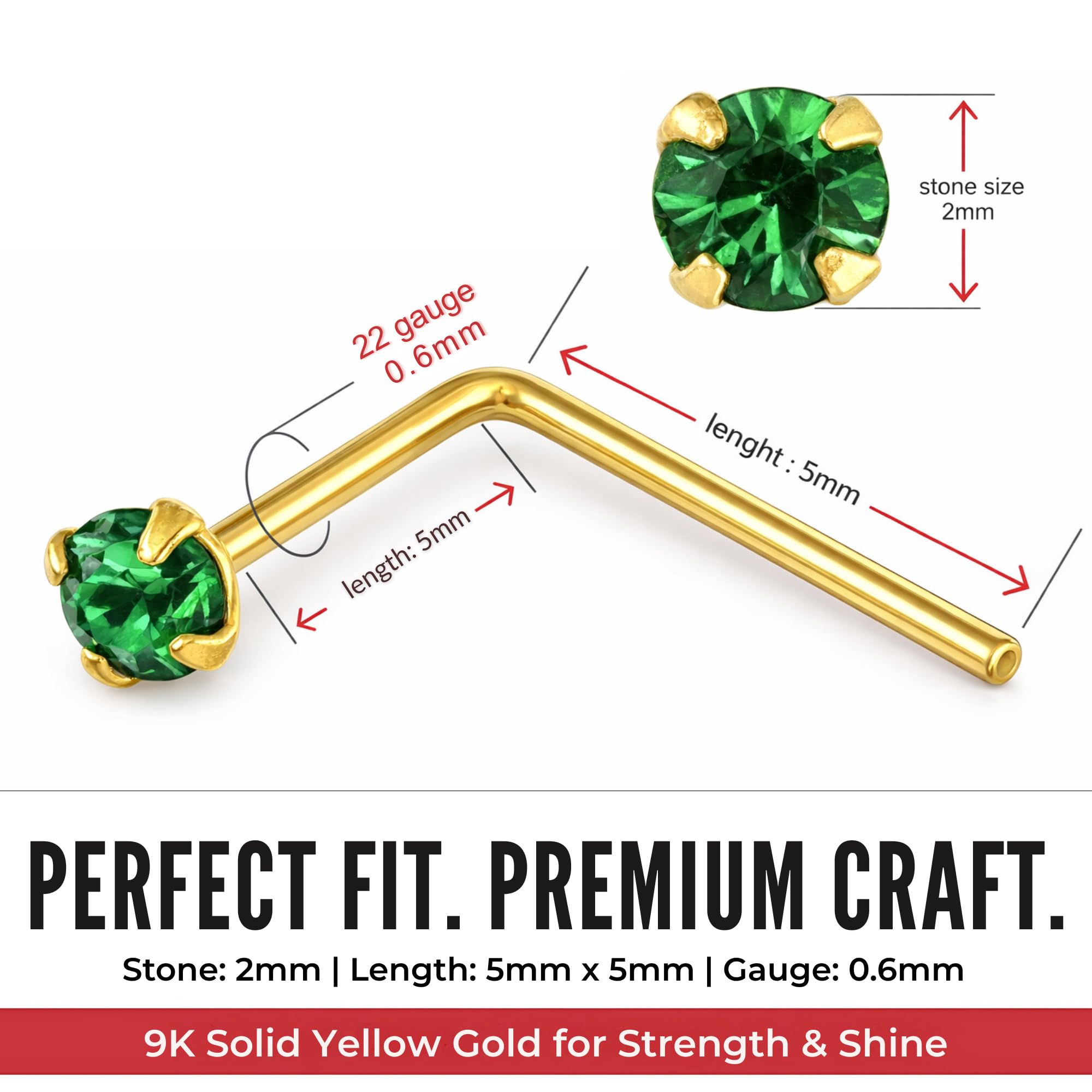 Monster Piercing 9K Solid Gelb Gold Klaue Set Smaragd Crystal Stein 22 Gauge L Form Nase Stud Piercingschmuck