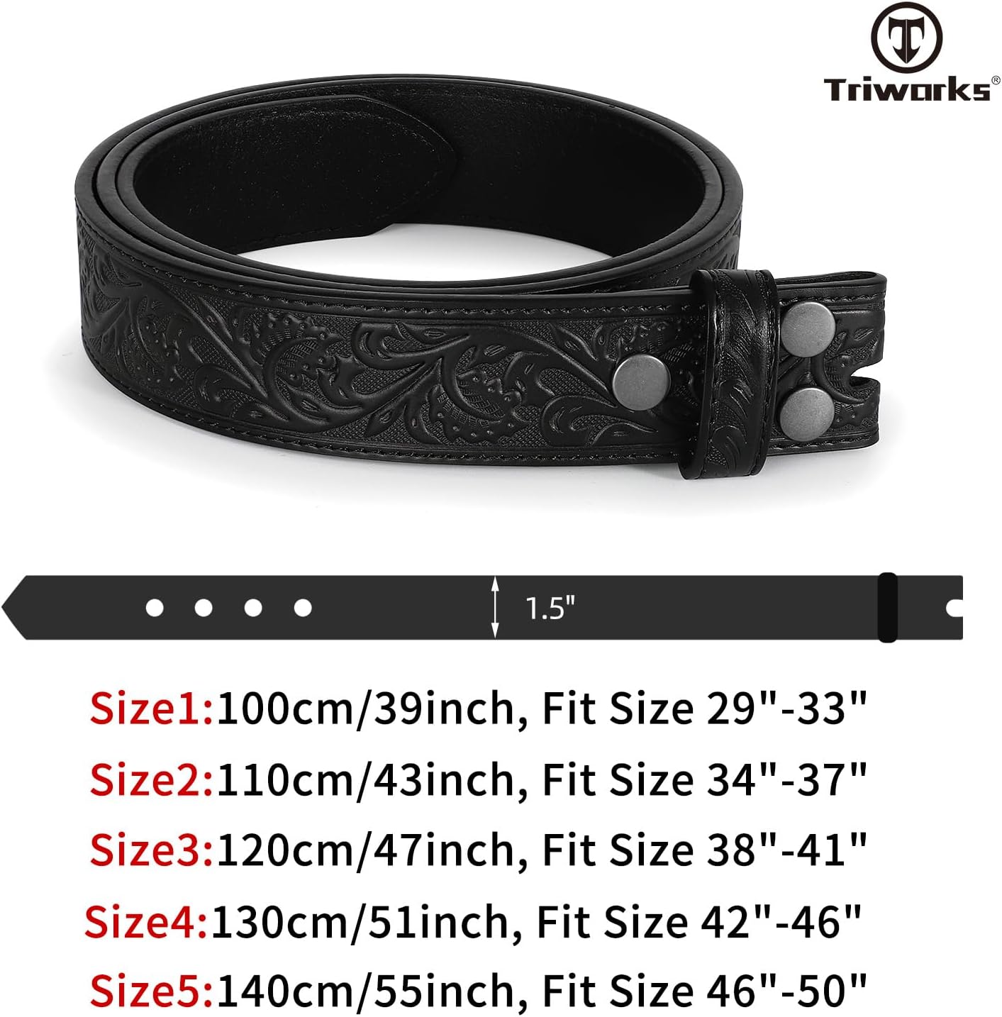 TRIWORKS Western Belt Strap for Men without Buckle 1.5" Wide Floral Engraved Embossed Leather Belt Strap - Image 6