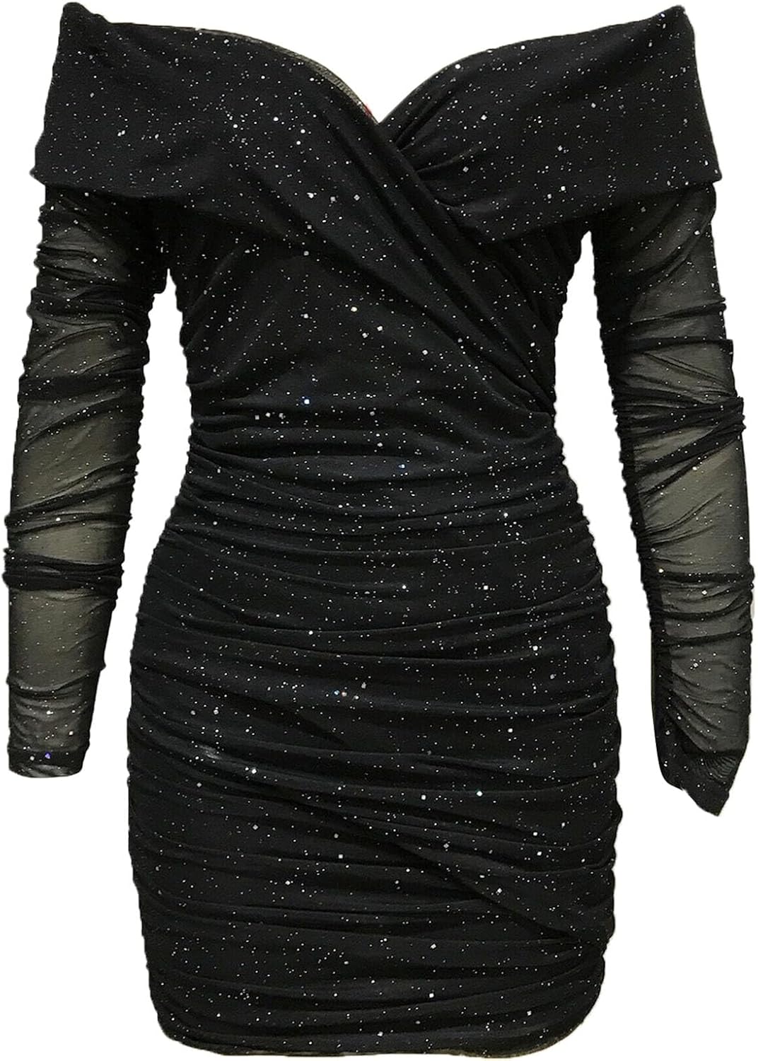 Generic Women'S Sexy Elegant Ruffle Dress Fall Long Sleeve Off Shoulder Ruched Club Party Mini Dress Stretchy Bodycon Dress