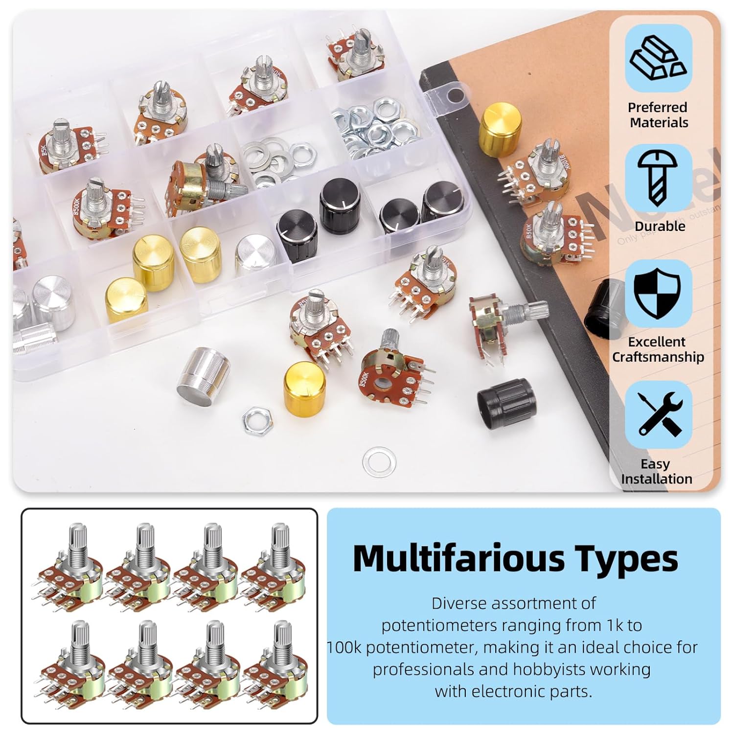 Glarks 50pcs WH148 Dual Linear Rotary Taper Potentiometer Kit, 1K 5K 10K 50K 100K 250K 500K 1MK OHM 6 Pins Split Shaft Rotary Linear, Volume Control Potentiometer with Knob for Motor Speed Control