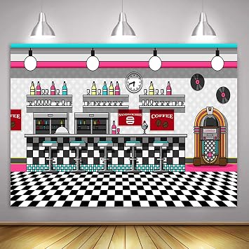 10x7ft 50s Retro Rock N Roll Diner Party Backdrop Sock Hop Dance Cosplay Prom Photography Background Classic 1950s Baby Adult Birthday Wedding Banner Photo Booth LSME1106
