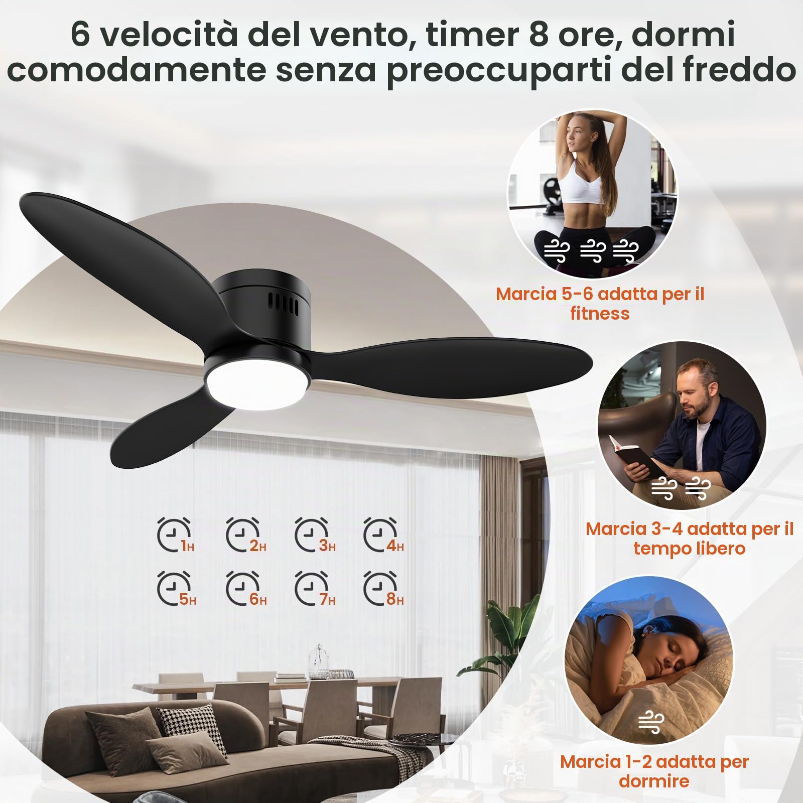 Ventilatore da Soffitto con Luce, Ø132cm Ventilatori da soffitto con Illuminazione LED, Controllo App&Telecomando, 6 Velocità, 3 Colori Dimmerabile, 3 Pale, Silenzioso, Estate-Inverno,Timer