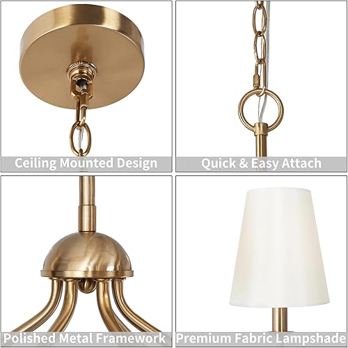 Miniatura 7 de Durent Lighting Candelabro de latón con 6 pantallas de tela, lámpara tradicional de comedor y sala de estar con marco de metal pulido, accesorio de