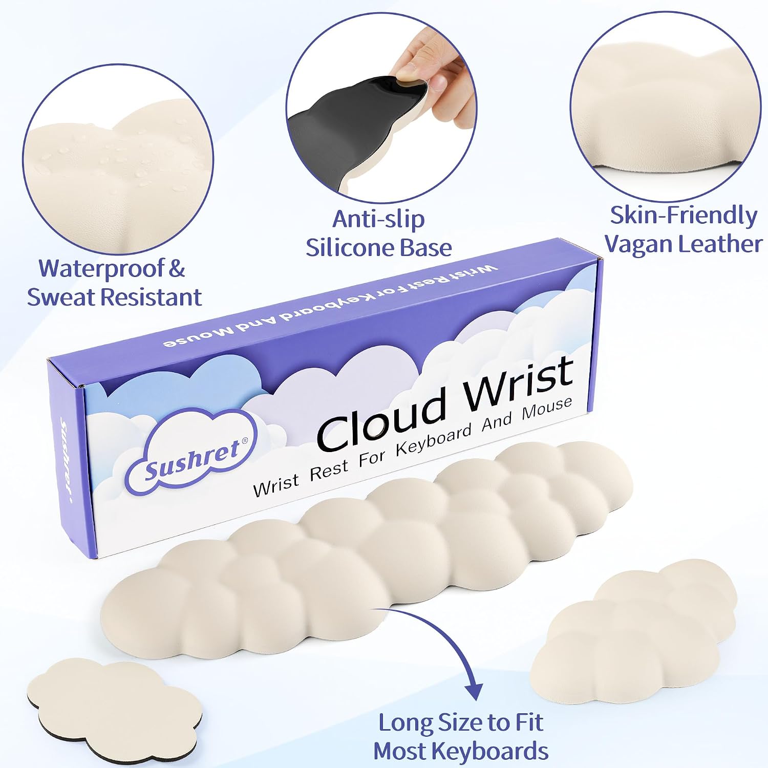  Cloud Wrist Rest Keyboard, Cloud Keyboard Wrist Pad Set with PU Leather Memory Foam, Cute Arm Rest for Palm Support, PC/Gaming Desk Accessories/Office Setup/Computer Hand Cushion - Beige thumbnail