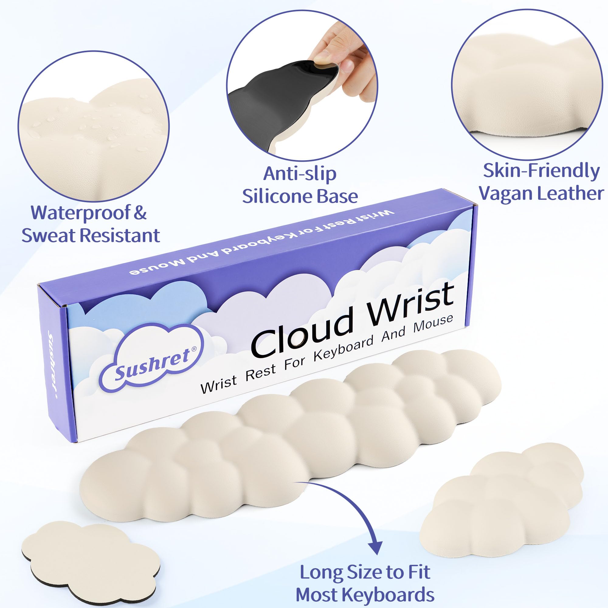 Sushret Reposamuñecas para Teclado en Forma de Nube, Set de Apoyo para Muñeca con Espuma de Memoria y Cuero PU, Cojín Ergonómico para Ordenador, Oficina y Gaming