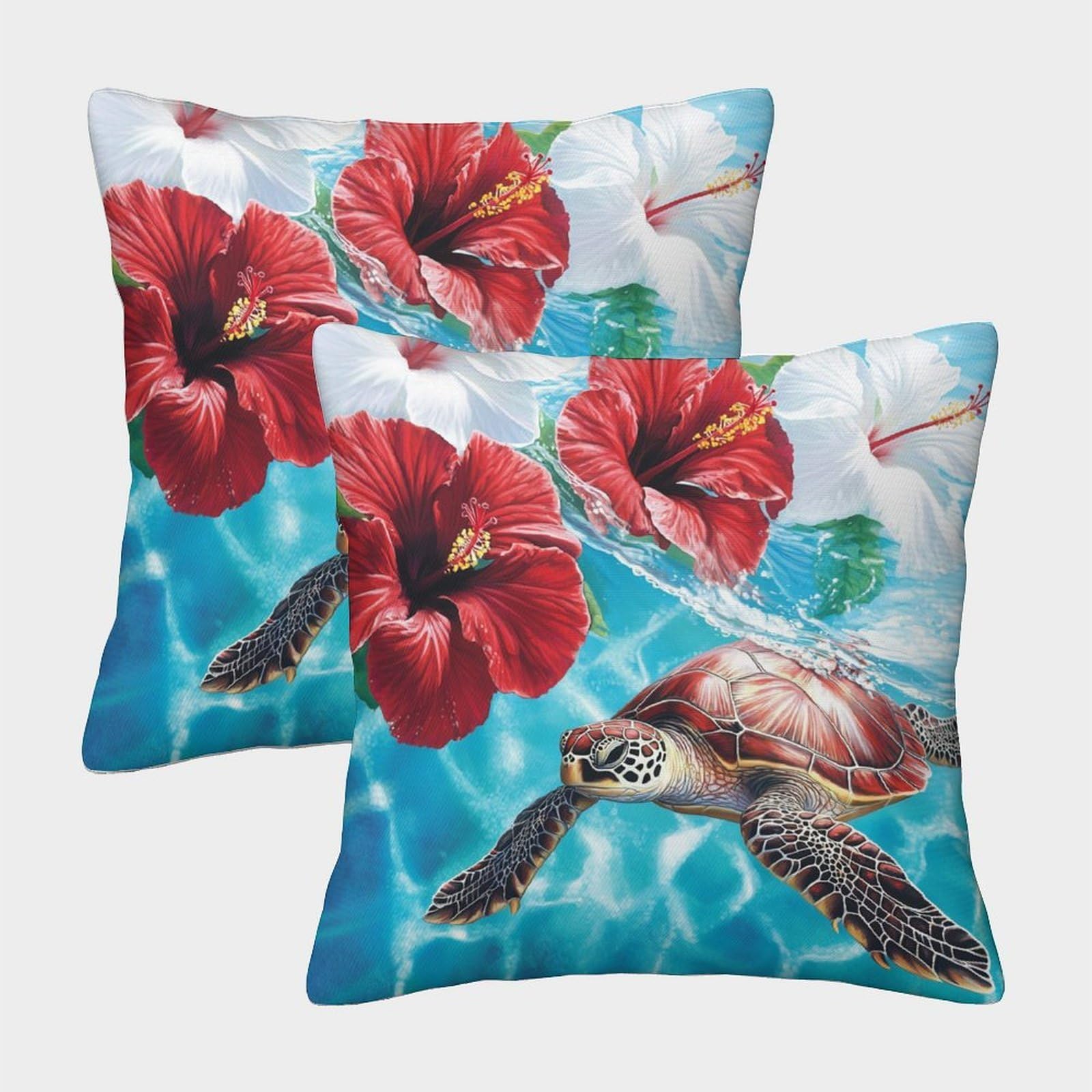 kaiyun 2 Pack Sea Turtle in The Ocean,Hibiscus Flower 3D Cushion Cover Pillow Cover Sofa Outdoor Decoration Square 40x40cm