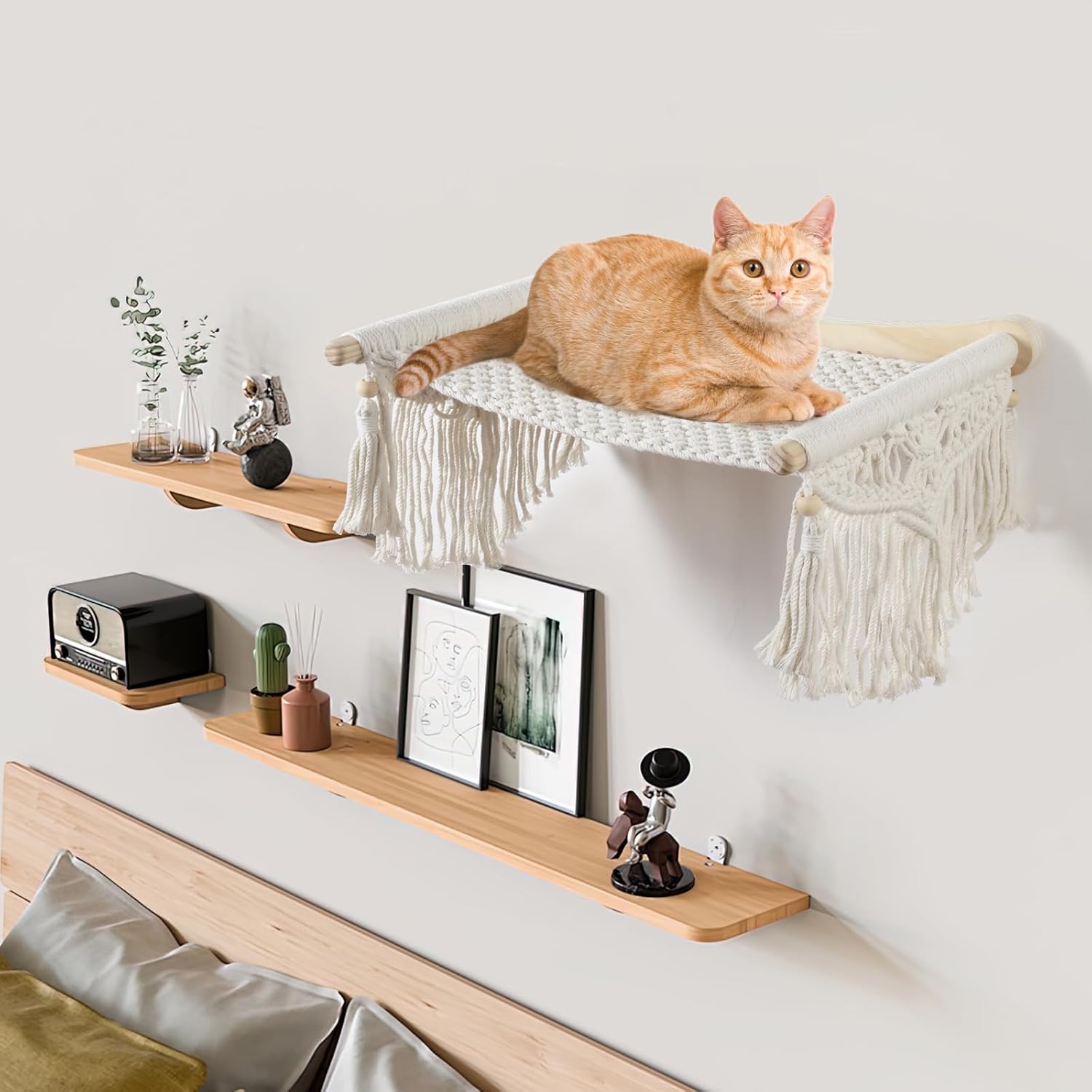 Macrame Cat Wall Shelves & Hammock - Comfy Cat Beds with Window Perch for Indoor Fun, Sleeping & Climbing,Maximum Hold Up to 30lb (Cotton RopBeige White - Cotton Ropee)