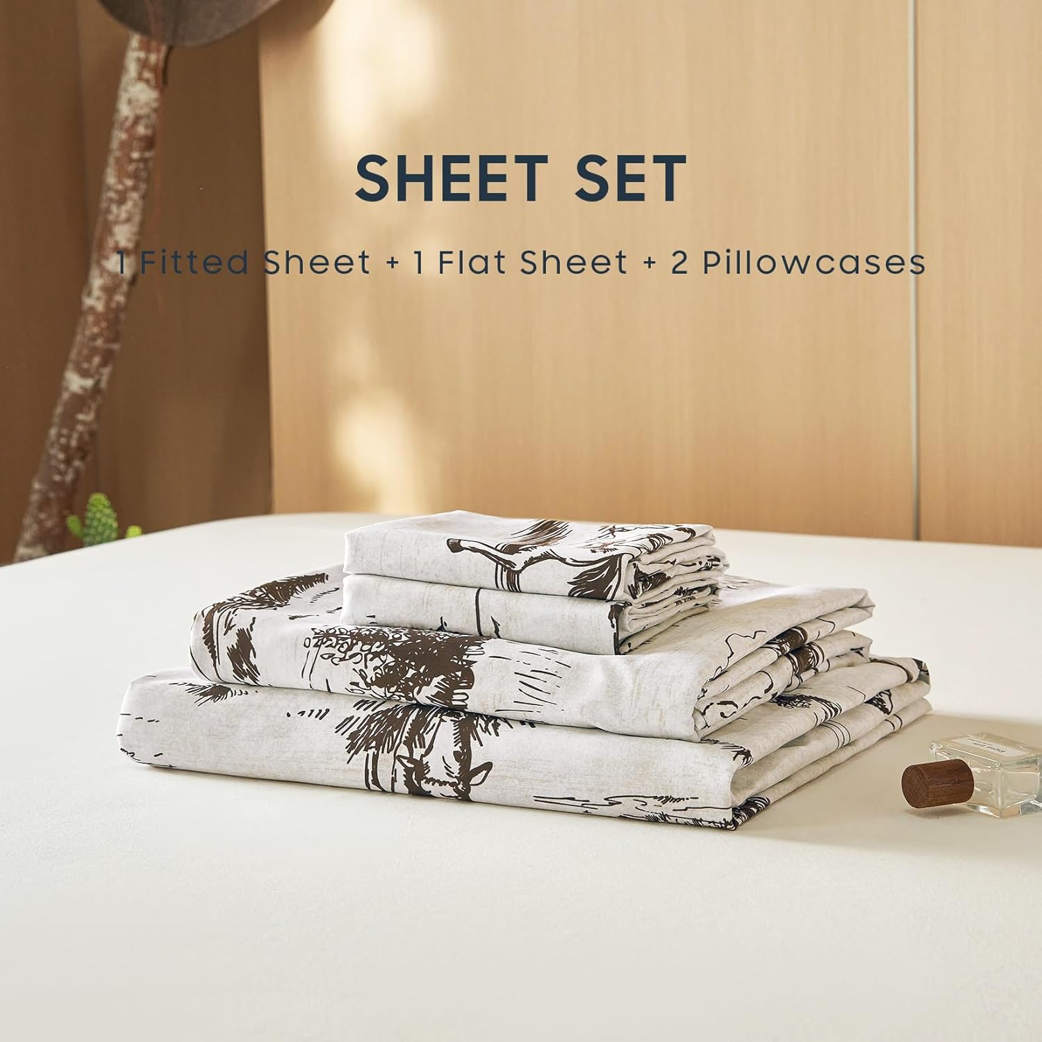 Wake In Cloud - Western Bed Sheets, 4-Piece Sheet Set, Rustic Ranch Life with Cowboy Southwestern Vintage Country Pattern Printed, Deep Pocket, Beige Brown, Queen Size - Image 6