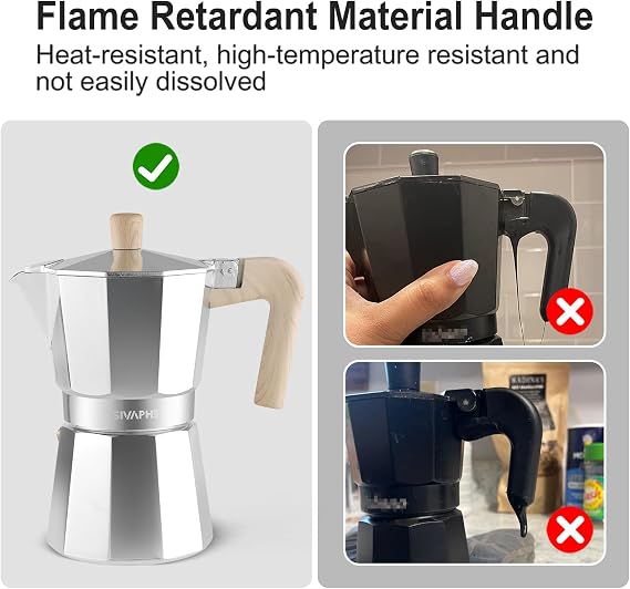 Sivaphe Stovetop Coffee Maker 300ml/6 Cups, Aluminium Moka Pot Italian Espresso Maker with Heat-Resistant Handle, Silver