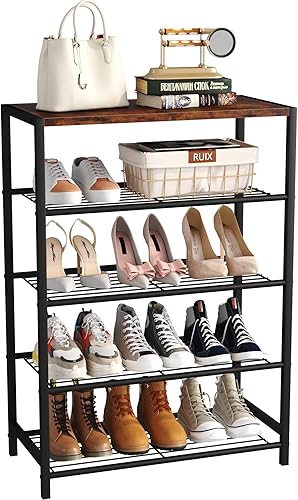 Yusong Zapatero, organizador de zapatos de 5 niveles para entrada de armario, estantes estrechos y altos de metal con parte superior de madera