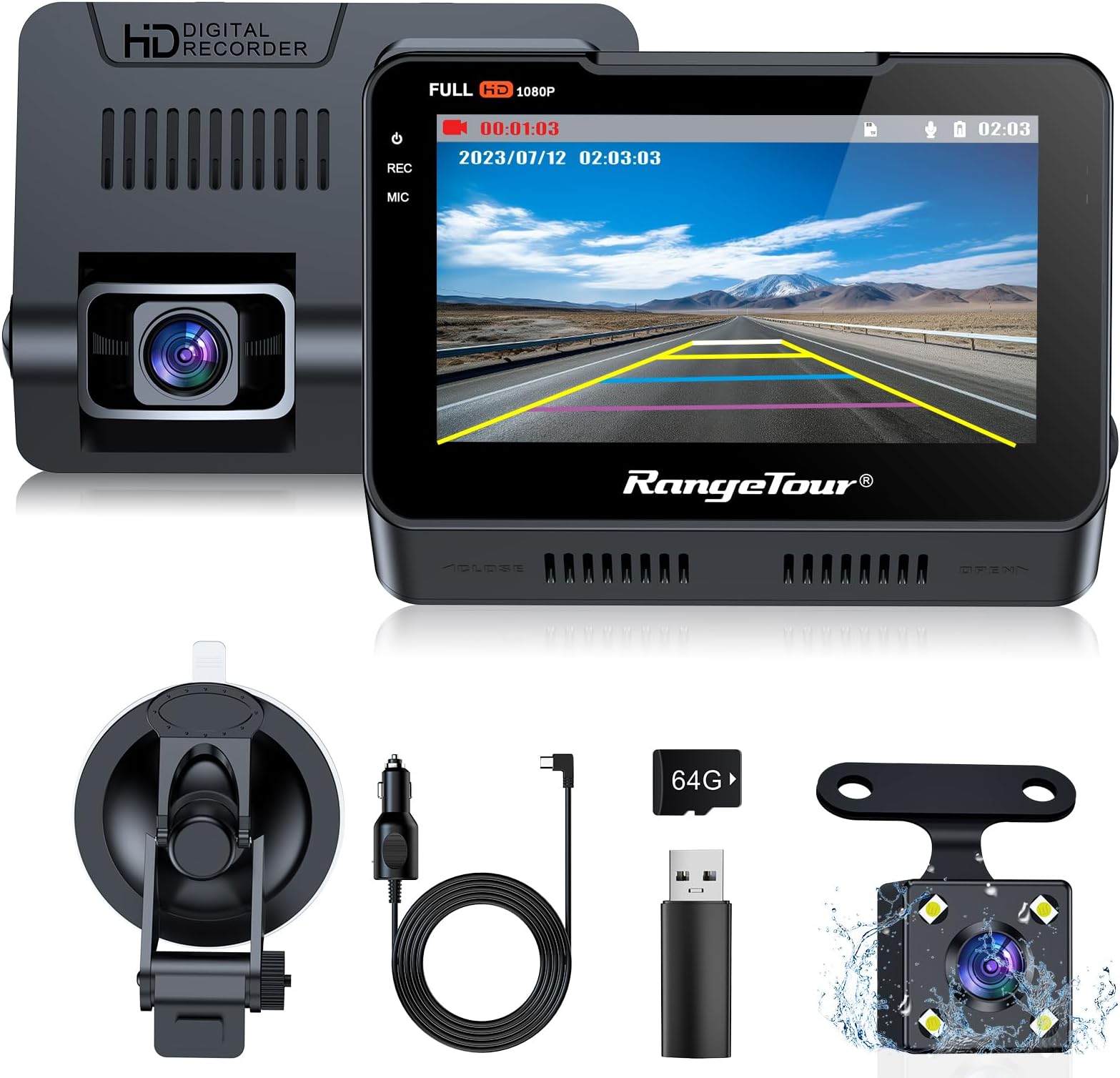 Range TourDash Cam Car Front Rear with 64GB SD Card, 4.3 Inch IPS Screen Car Camera 1080P FHD Car Dash Camera Video Recorder with 170° Wide Angle, Night Vision, G-Sensor, WDR, Parking Monitoring